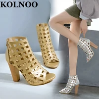kolnoo handmade ladies chunky heels sandals cut out peep toe sexy summer party prom evening two colors gold silver fashion shoes