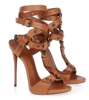 

Stiletto Peep Toe Super High Heel Metal Buckle Lace Up Women 's Fashion Brwon Vintage 2022 Summer New Sexy Officce Sandals