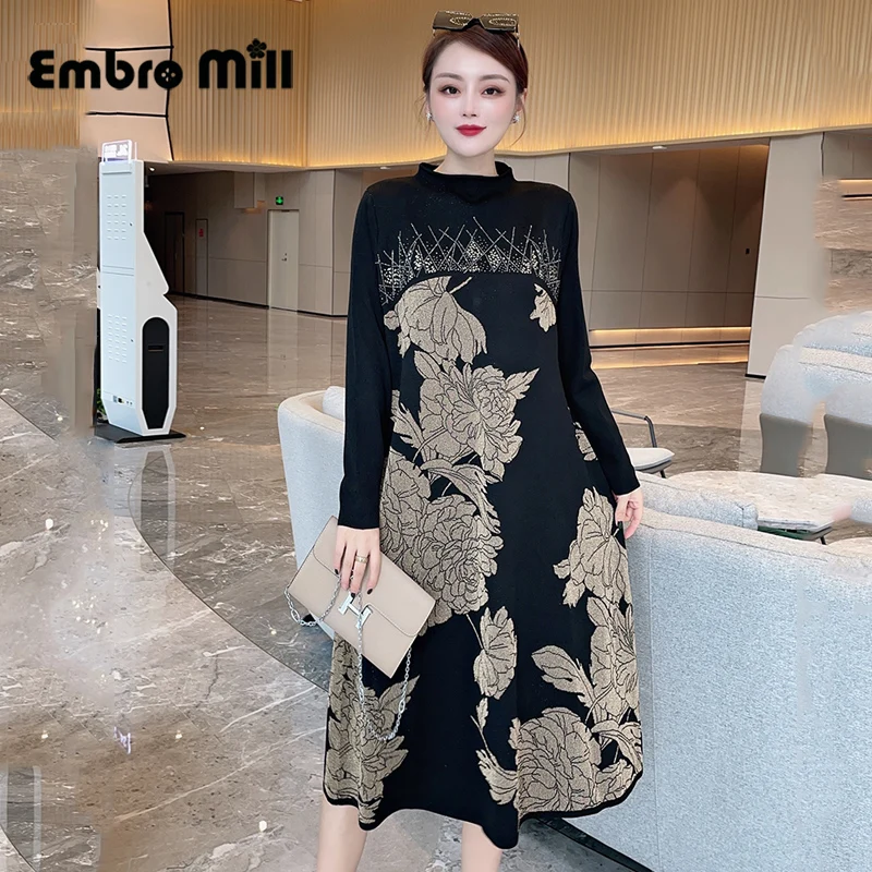 Retro Embroidery Fashion Hot Rhinestone Knit Dress Spring and Autumn New Half High Neck Mid-length Sweater Dress Women One Size