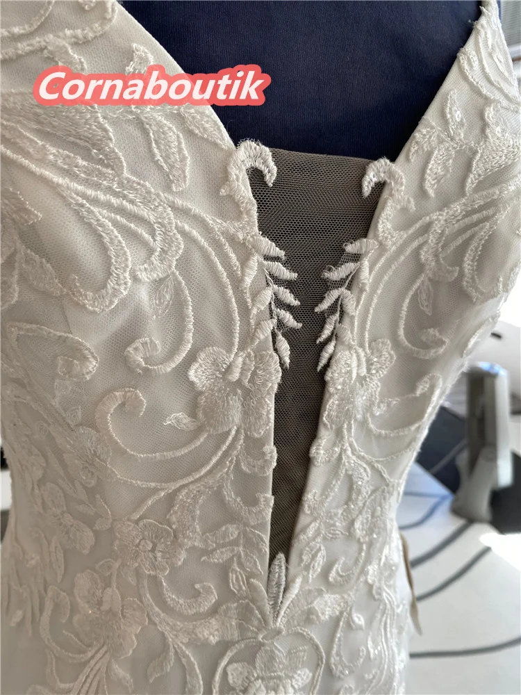 

Mermaid Wedding Dress COR-137 Spaghetti Straps Floral Lace Appliques Plunging V Neck Low Back Front Slit Bridal Gowns