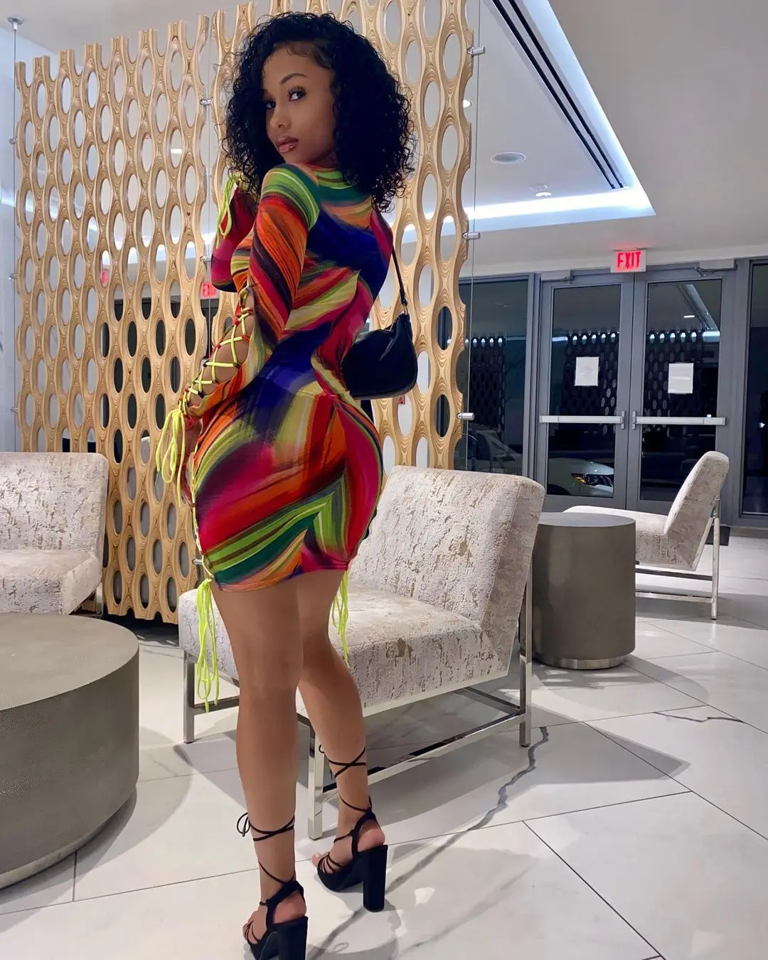 

Women Plus Size Slim Long Sleeve Printed Tie Design Bodycon Mini Dress