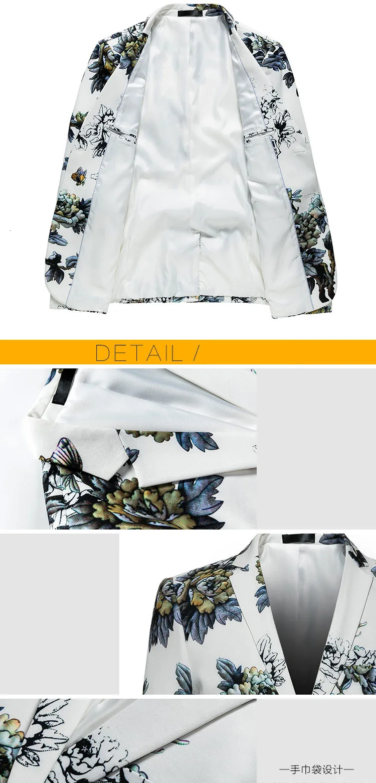 

PYJTRL Men Quality Fashion Floral Pattern Slim Fit Casual Suit Jacket Stage Signers Slim Fit Suit Costume Dress Blazers