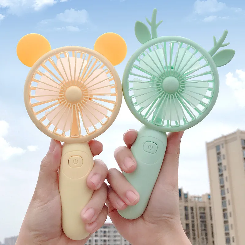 

1PC Usb Charged Fans Mini Desktop Handheld Adjustable 2 Speed Fawn Cartoon Electric Fan With Light Quiet Travel Outdoor Cooling