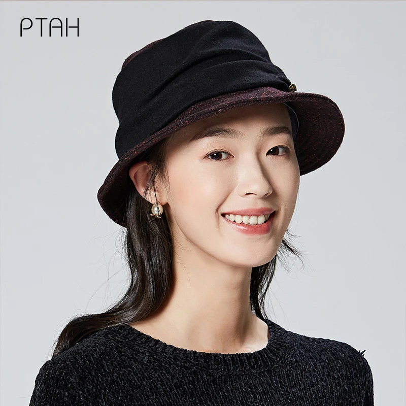 

[PTAH] Cloth Hats For Women's British Style Vintage Church Hats Gentleman 2021 Autumn Winter Warm Soft Tweed Hats High Quality