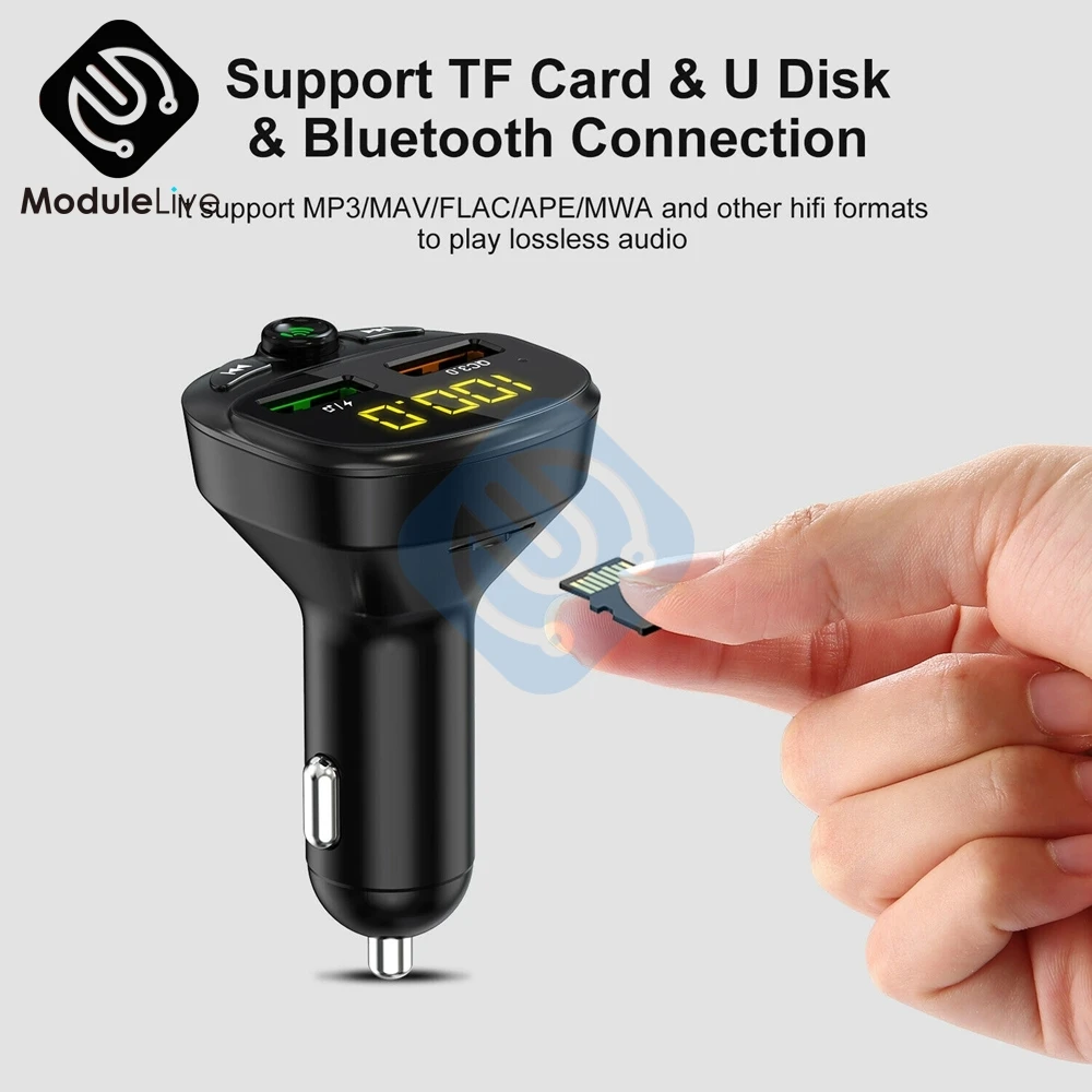 Фото Автомобильное зарядное устройство Quck с двойным USB-портом, Bluetooth 5,0, вольтметр QC3.0, контроль напряжения, универсальный для мобильных телефонов... №4