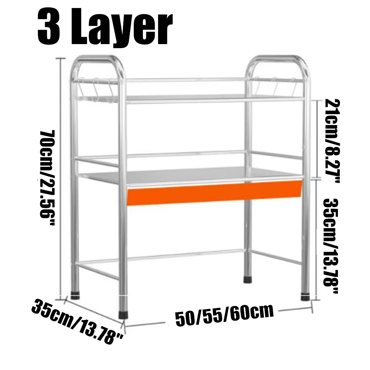 

50/55/60m 3 Tiers Stainless Steel Kitchen Rack Microwave Oven Shelf Spice Organizer Kitchen Storage Rack Bathroom Organizer