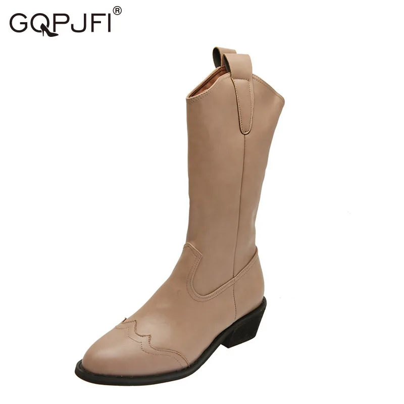 Women's Autumn Shoes Casual British Style PU Round Head Thick Heel Knee Chelsea Boots Retro Western Cowboy Women's High Boots