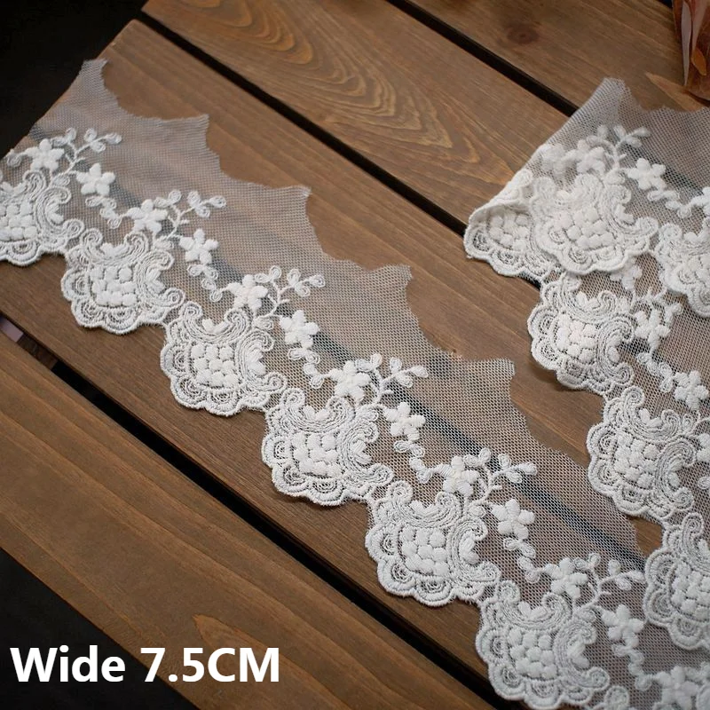 

7.5CM Wide Luxury White Mesh French Lace Embroidered Flowers Lace Fabric Wedding Dress Headveil Trimming Ribbon Sewing Decor