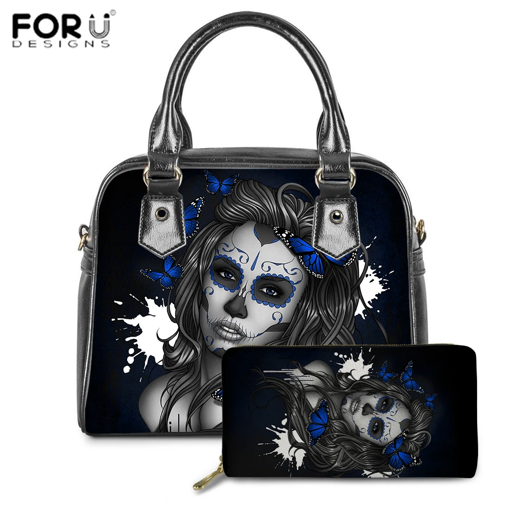 

FORUDESIGNS 2PCS Women Tote Set Fashion PU Leather Ladies Handbag Mexican Caravela Girl Print Messenger Shoulder Bag Wallet Bags