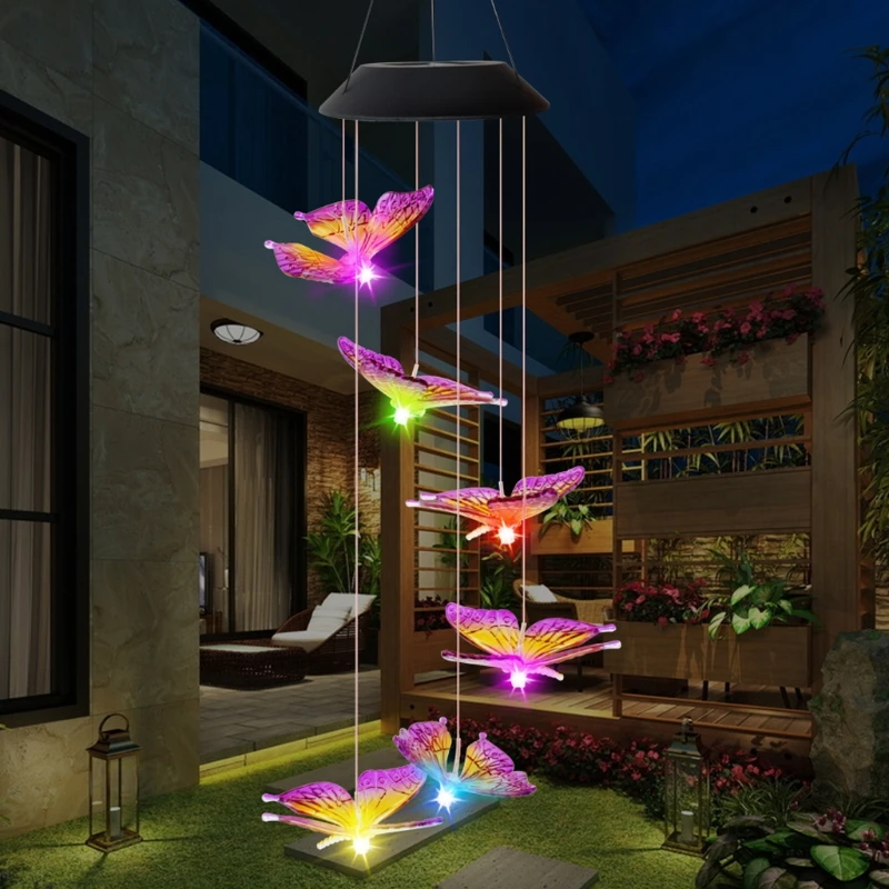 

Butterfly Wind Chimes Color Solar Powered LED Automatic Color Changing Mobile Outdoor Hanging Patio Light For Home Porch Yard