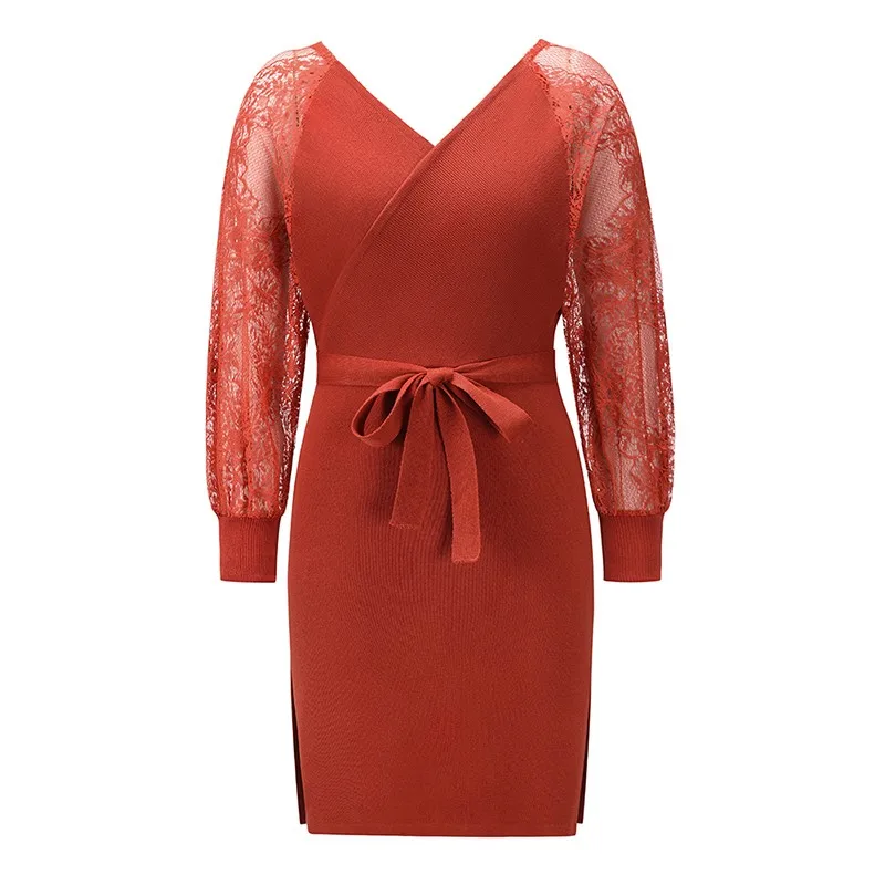 

Sale New Lace Knitted Dress Women Casual Fashion Plus Size V-neck Long Sleeve Bandage Elegant Party Ladies Sexy Mini Dresses