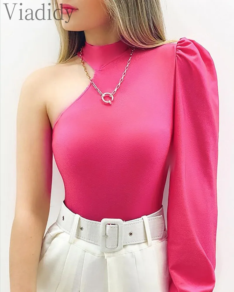 

Women Sexy Solid Color One Shoulder Puff Sleeve Skinny Bodysuit