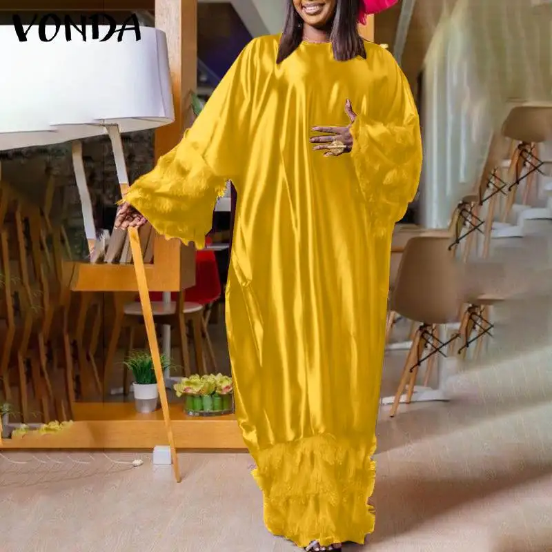 

VONDA 2022 Women Dress Autumn Casual O Neck Flare Sleeve Pleated Vestido Long Maxi Robes Longue Satin Slik Loose Sundress