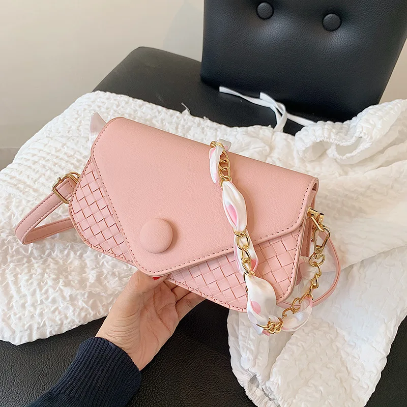 

Scarf Chain Women's Flap Shoulder Bag 2021 Summer Woven Female Crossbody Bag Pu Leather Brand Designer Handbag and Purses