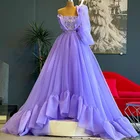 Новые Вечерние платья на одно плечо с длинным рукавом, платье для девочек с юбкой-сеточкой, гофрированное фатиновое платье с украшением в виде кристаллов модельные светильник фиолетовое платье нарядные платья для женщин