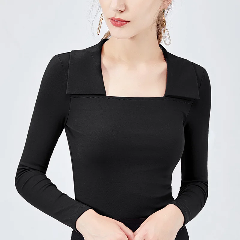 

Square collar top women's autumn women's elegant temperament new trend Lapel long sleeve T-shirt