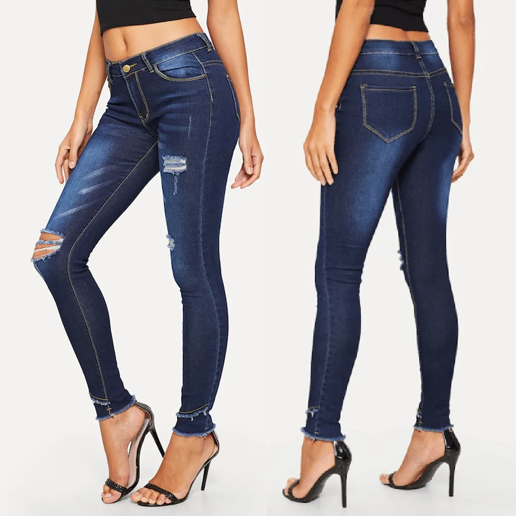 Модные женские рваные брюки на молнии с карманами повседневные джинсы