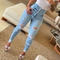 fashion autumn women sexy slim fit pockets design casual pencil long pants high waist soft button ripped skinny jeans