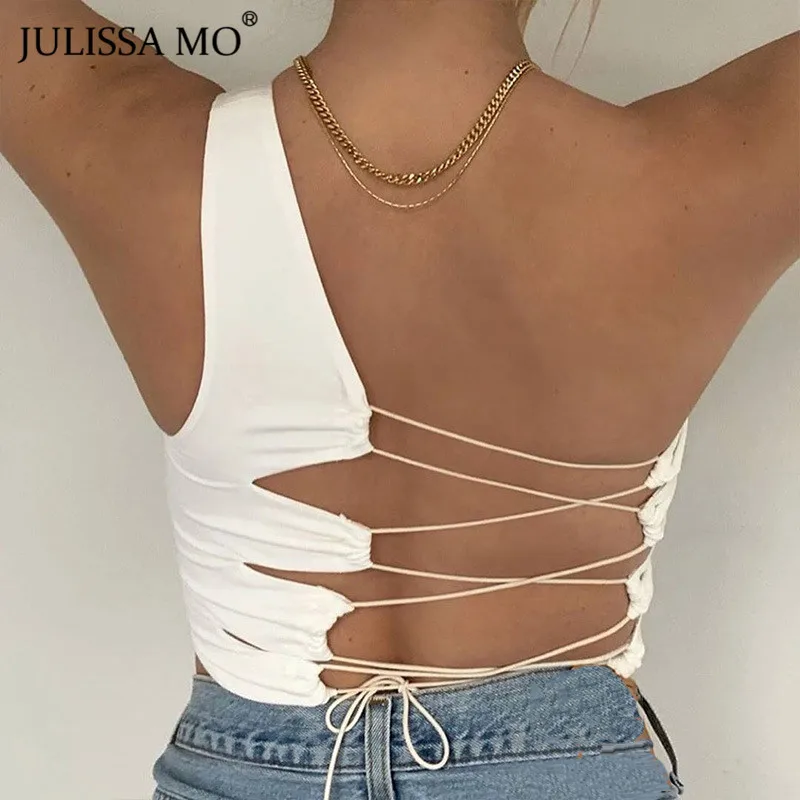 Женский укороченный топ JULISSA MO с открытой спиной и вырезами летний облегающий Топ