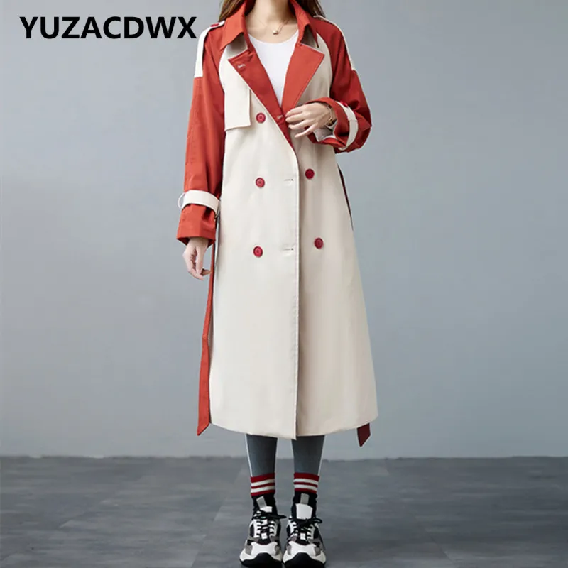 

Fashion New Lady Trench Coat Long Double-Breasted with Belt Duster Coat for Women Spring Fall Outerwear Female Clothes Patchwork
