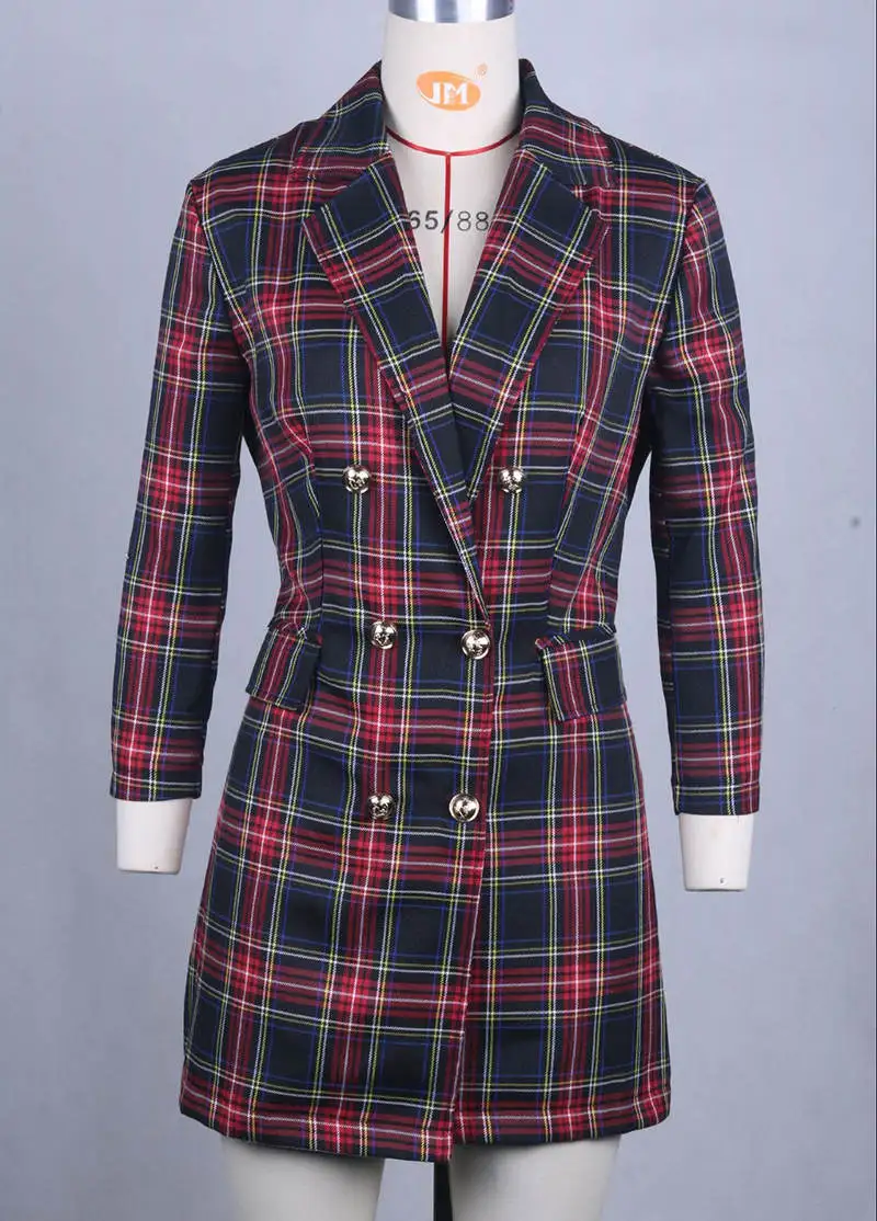 Двубортное платье блейзер для женщин с клетчатым принтом 3/4 рукав офисное