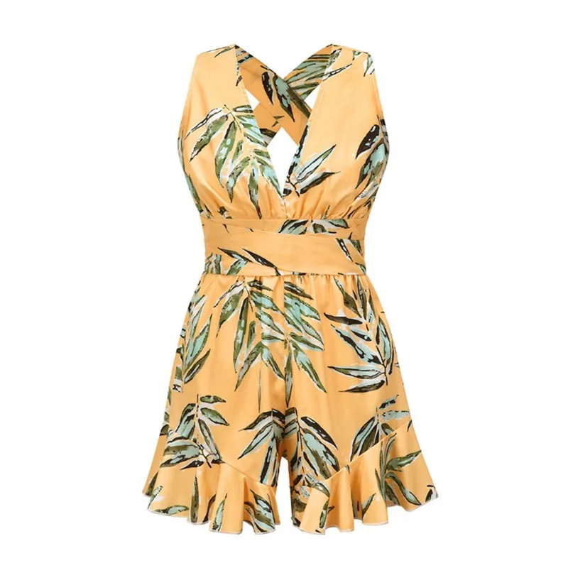 

Floral Jumpsuits Women Beach Shorts Rompers New Summer Bohemian Print Overalls Fashion Women Slim High Waist Playsuits Femme