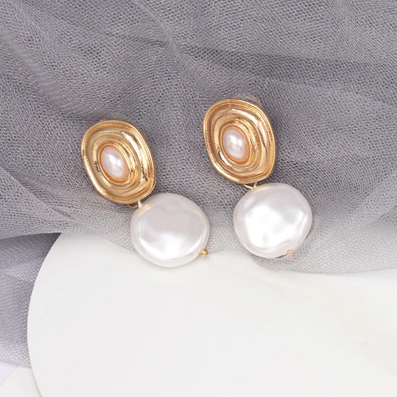 

Minar Vintage Irregular Baroque Pearl Earring Gold Color Alloy Fashion Large Retro Geometric Statement Dangle Earrings for Women
