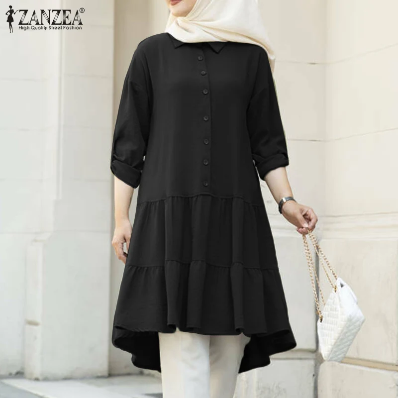 

ZANZEA Autumn Muslim Long Shirts O-Neck Elegant Tiered Women Casual Long Sleeve Blusas Female Holiday Loose Abaya Kaftan Tops