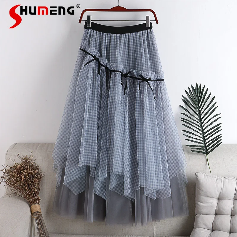 

2021 Autumn and Winter New Woman High Waist Double Layer Mesh Plaid Mid Skirts Women's Printed Splicing Mid-Length Skirts