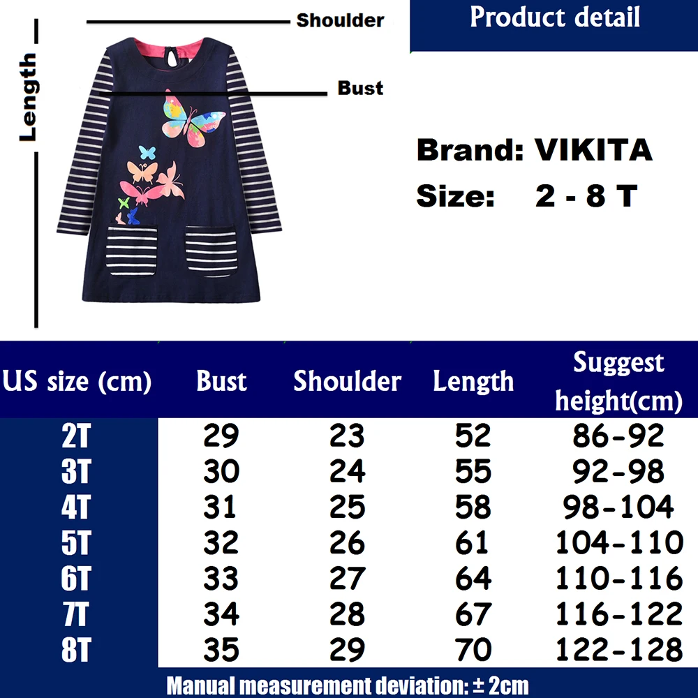 VIKITA Girls Dress Autumn Spring Baby Girl Striped Cartoon Print Clothes Kids Dresses for Girls Vestidos Princess Cotton Dress