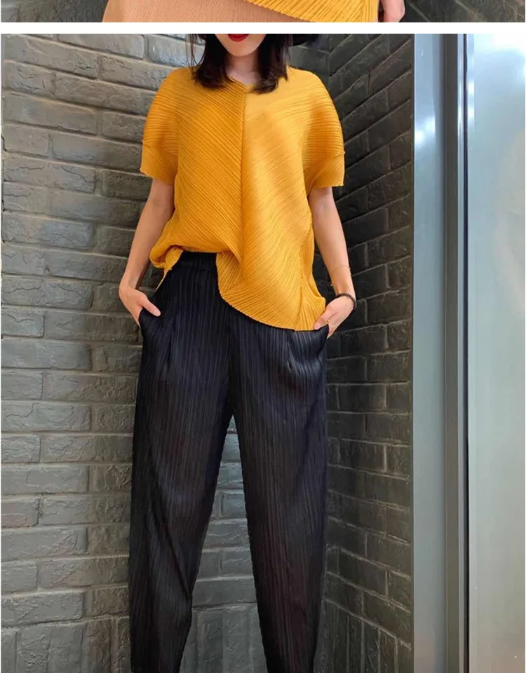Changpleat новые женские футболки Топ Miyak плиссированный модный дизайн свободный v-образный вырез корейский стиль короткий рукав женская футболка Tide