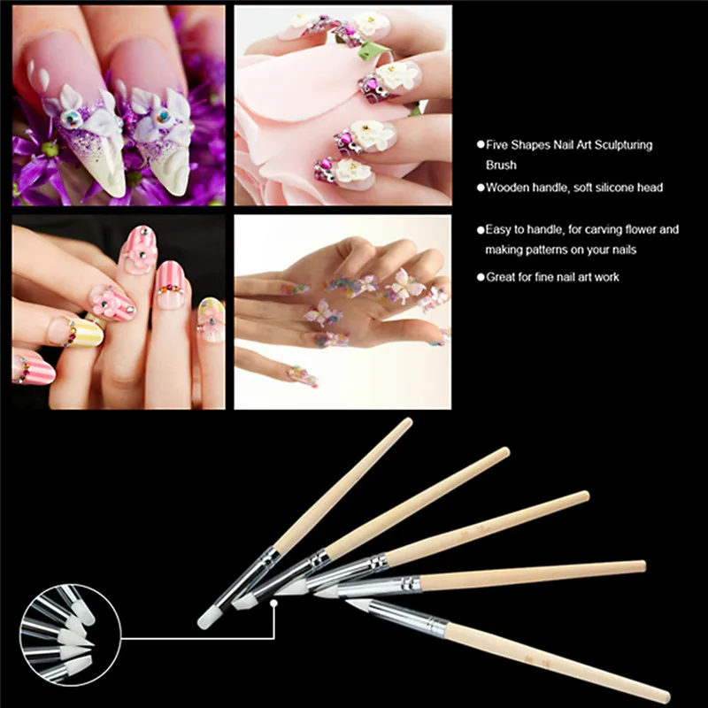 5 шт Мягкий силиконовый дизайн ногтей штамп Ручка кисти комплект резьба ремесло