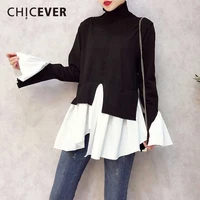 chicever 2020 spring patchwork pullovers knitted sweater for women turtleneck flare sleeve irregular female jumper sweaters 2021