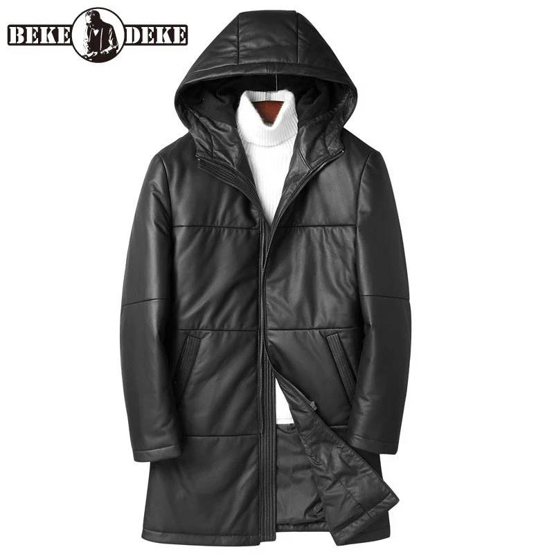 

Winter Men Real Leather Down Coat England Style Warm Sheepskin Hooded Down Jacket Luxury Zipper Long Sleeve Casual Outwear 4XL