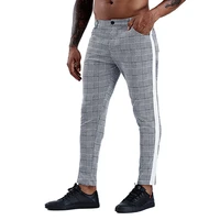 casual mens chinos cotton slim fit men pants trousers skinny chinos pants grey ankle length streetwear plaid side stripe pants