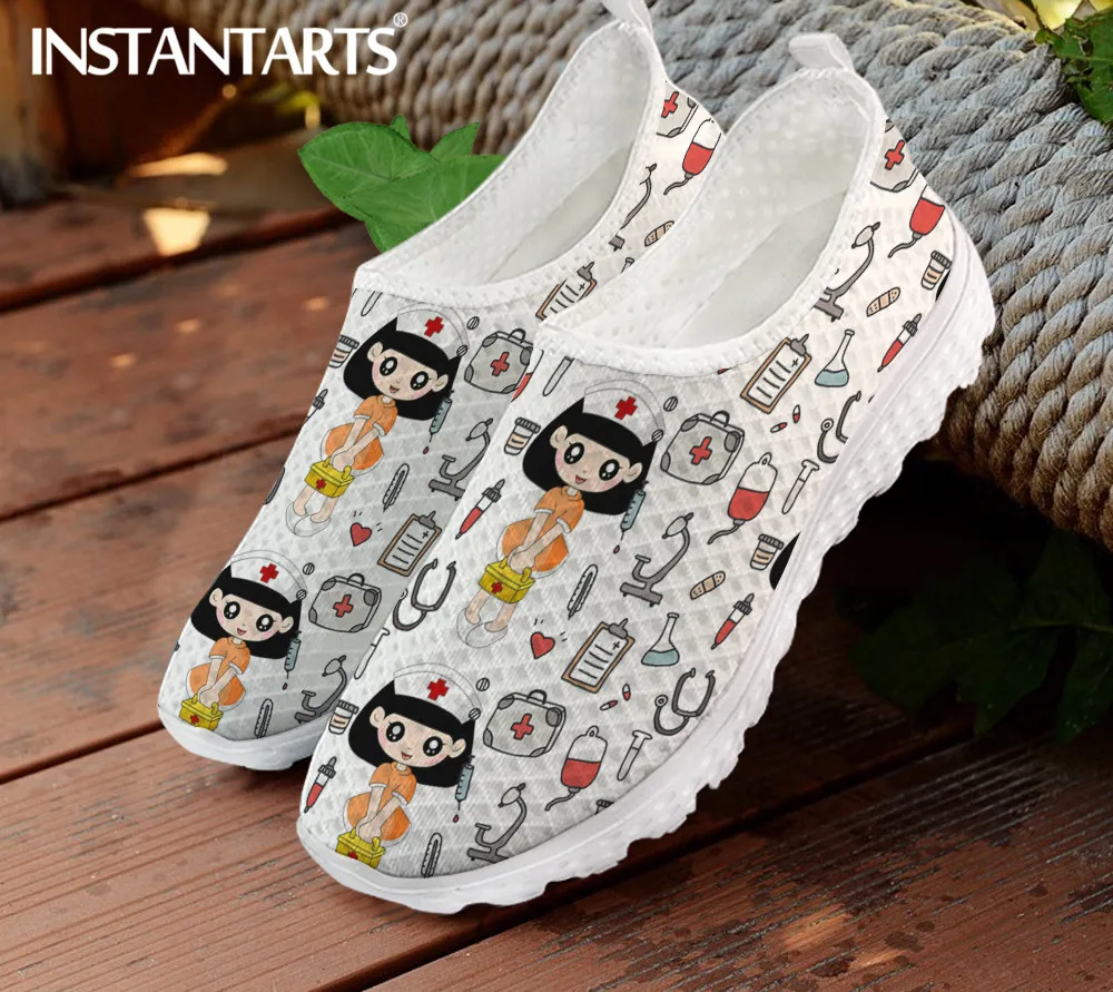 

INSTANTARTS Mesh Flat Nurse Shoes for Women's Cartoon Nursing Brand Designer Lightweight Ladies Sneakers Slip On Loafers Mujer