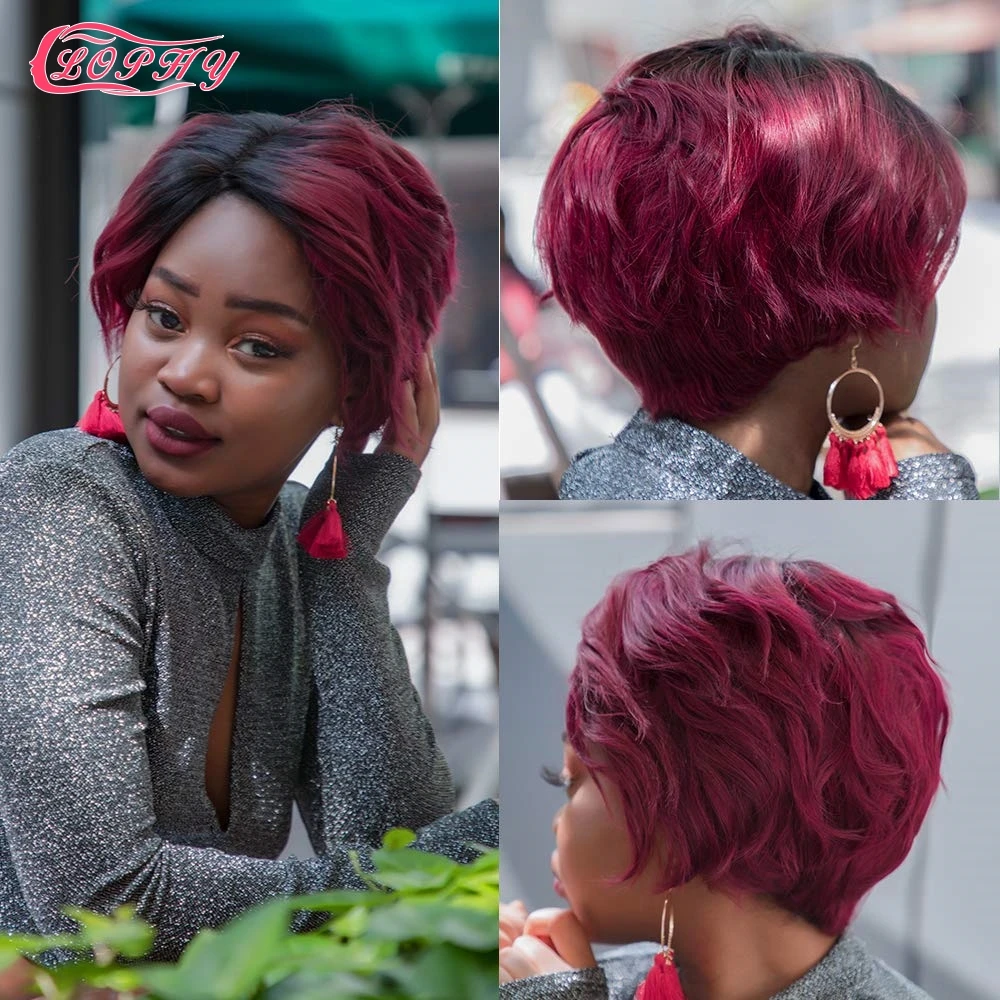 Short Part Lace Human Hair Wig Ombre Burgundy Natural Color Pixie Cut Bob Human Hair Wigs Cheap Wavy Wig For Black Women