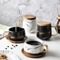 nordic style creative marble texture ceramic mug gold plated handle cup wood saucer lid coffee cup breakfast milk mug crafts