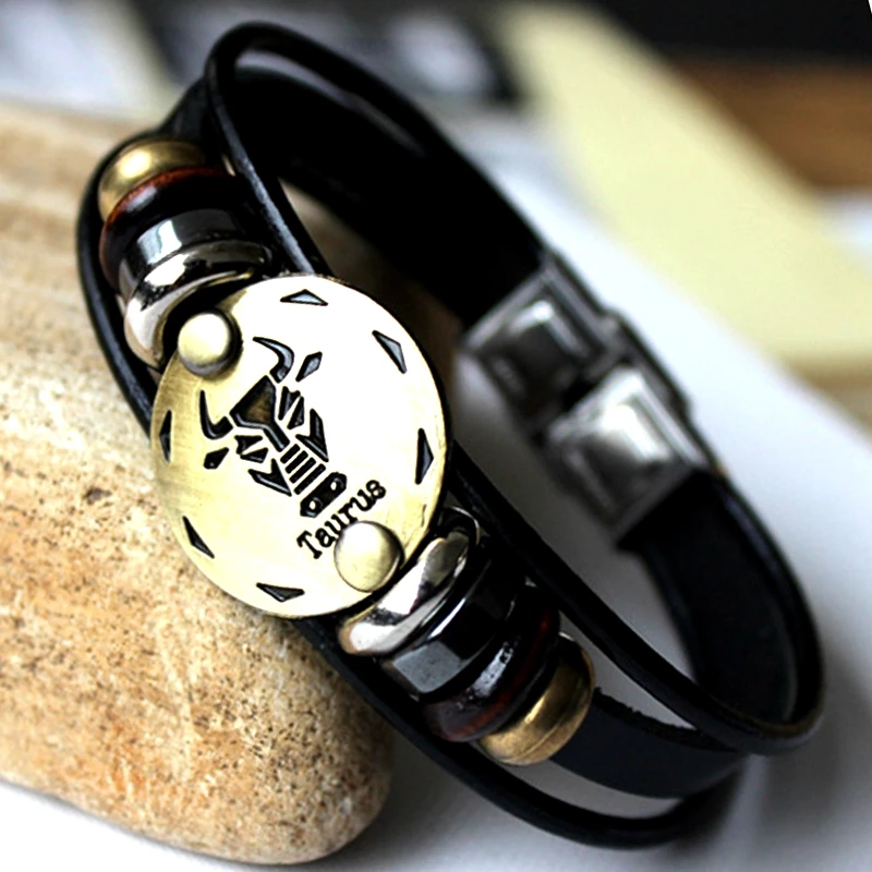 Мужской браслет в стиле панк из натуральной кожи с 12 созвездиями|Браслеты