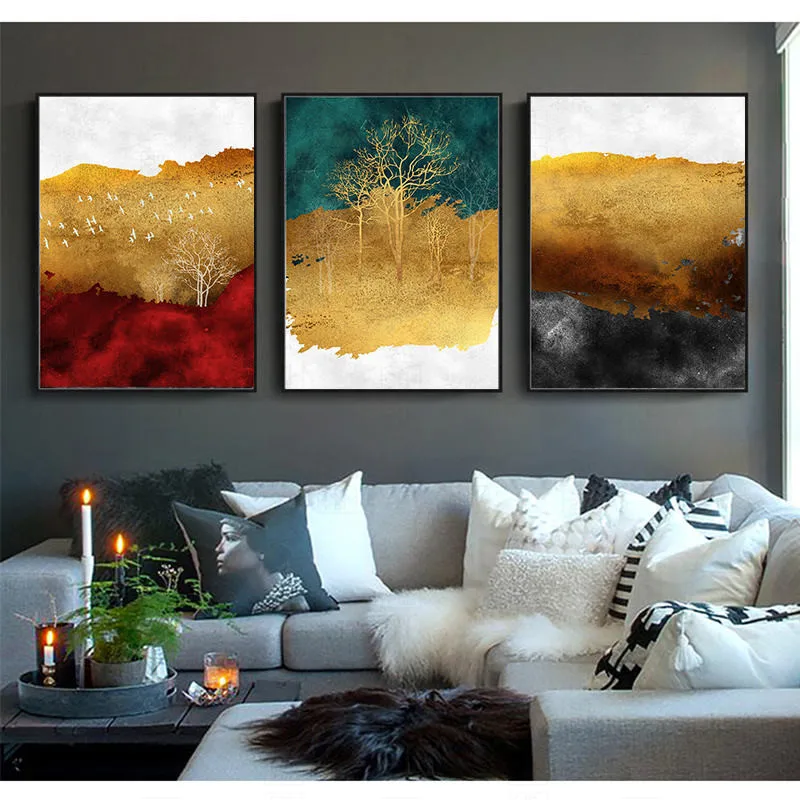 Абстрактные принты на холсте художественный Декор абстрактный Золотой пейзаж