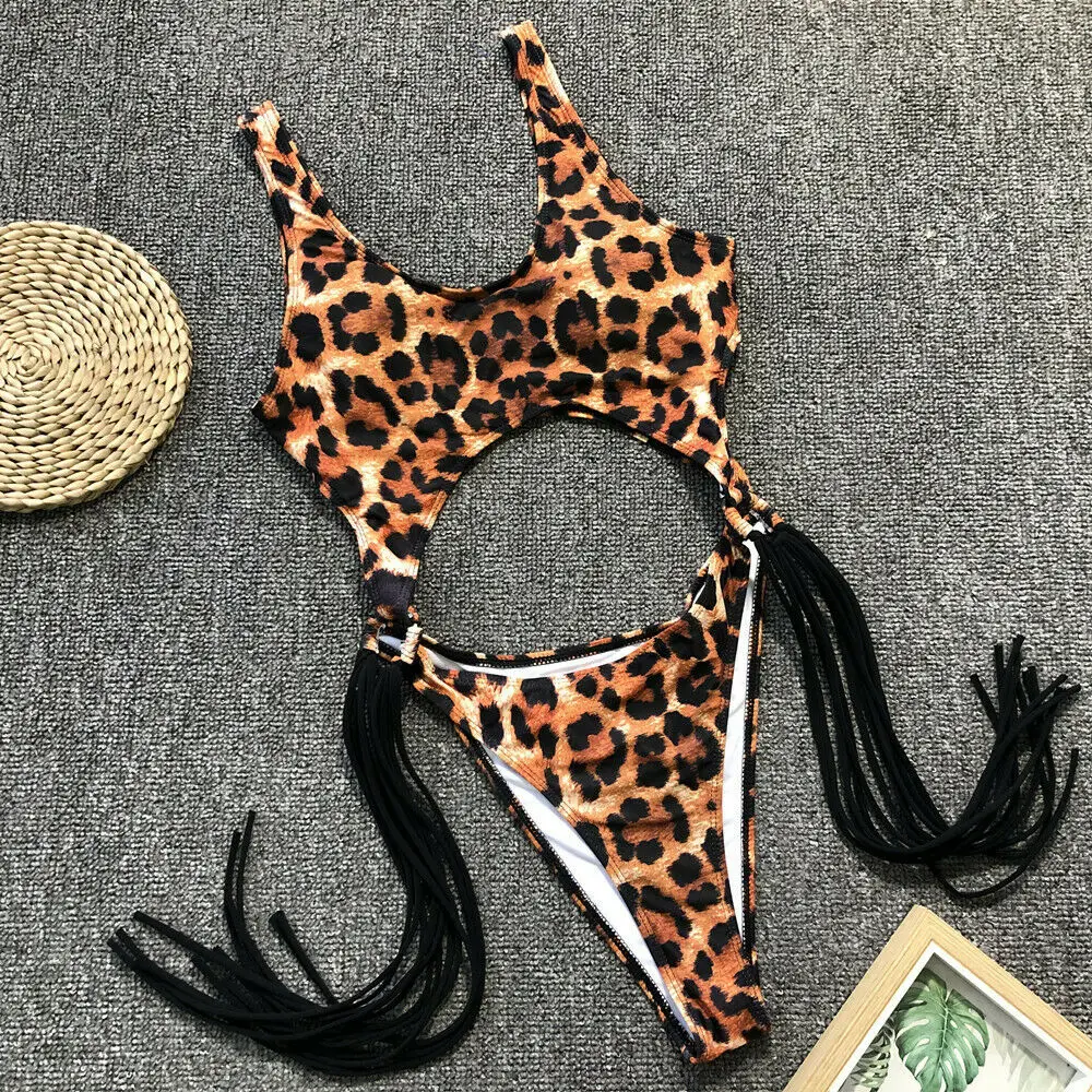 

Sexy Summer Women One Piece Suits Tassels Swimsuit Monokini Bikini tassel swimsuit printed Leopard Padded Swimwear