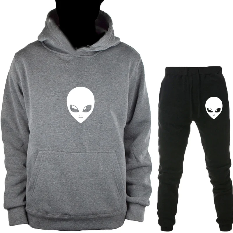 Gray-B-HeiK Alien толстовка с капюшоном+ брюки костюм для мужчин женщин осень зима пуловер Толстовка Топы с принтом по всему миру спортивный костюм повседневная одежда - Цвет: Gray-B-HeiK
