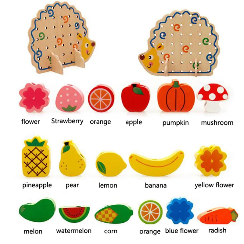 82 шт. деревянные фрукты овощи шнуровка нанизывающие бусы игрушки с ежиком доска