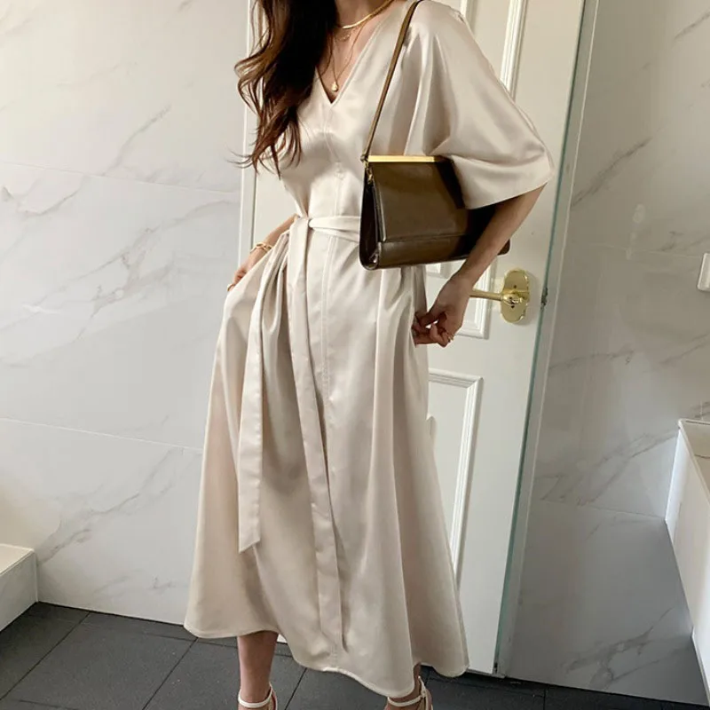 

Женское однотонное платье Вечерние завышенной талией, элегантное праздничное платье-трапеция в корейском винтажном стиле с коротким рукавом, лето 2022