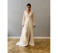 new design elegant bohemian long sleeve wedding dress a line chiffon sexy deep v neck high slit women plus size bridal gowns