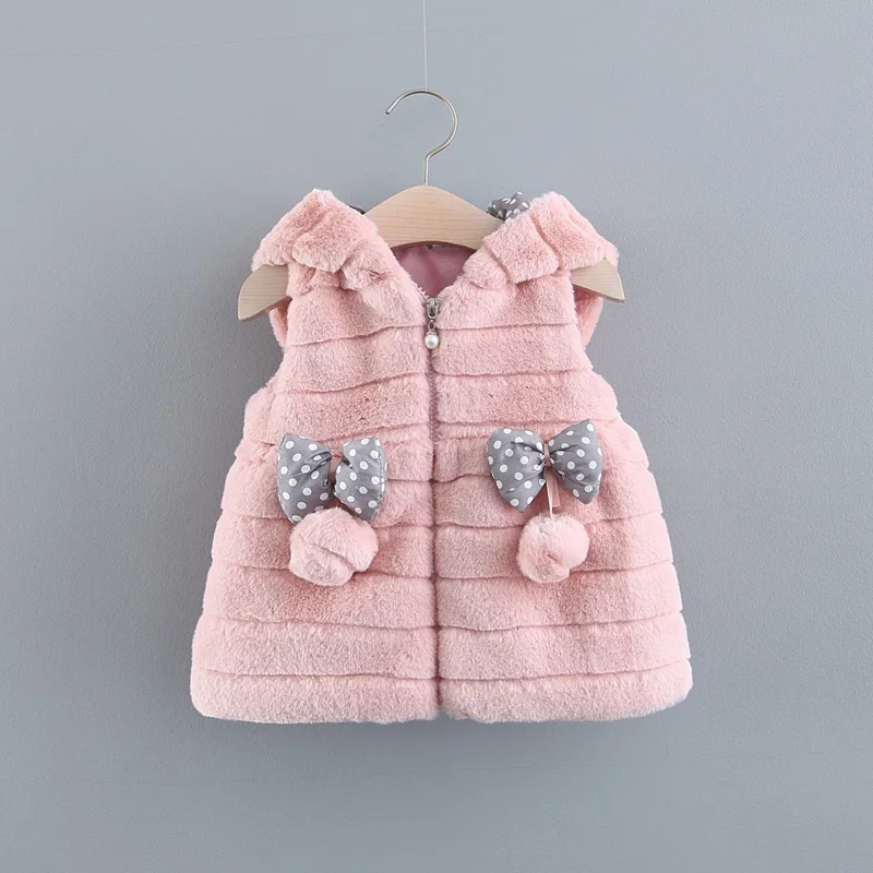 Pink Осенне-зимний жилет с капюшоном и ушками верхняя одежда для девочек, детский флисовый кардиган с бантом и искусственным мехом Casaco WT808 - Цвет: Pink