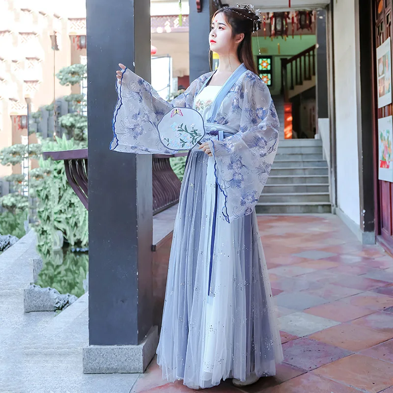 

2020 Embroidery Hanfu Women Blue Classical Dance Costume Singer Festival Outfit Fairy Dress Rave Performance Clothes 3 Pcs Set