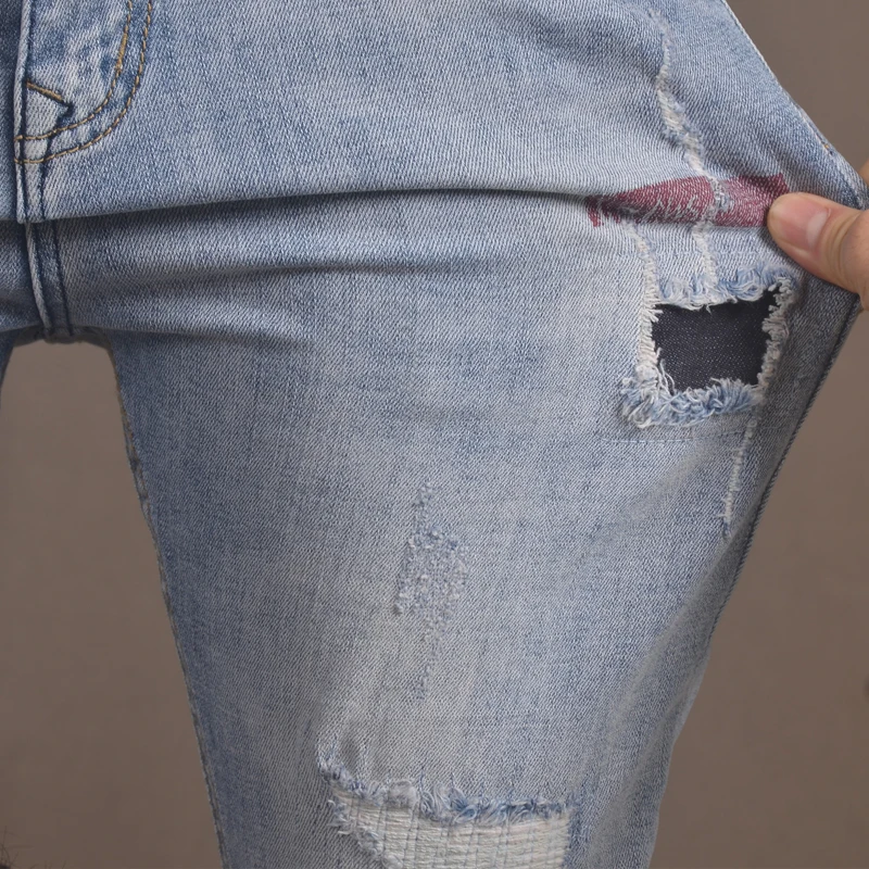 Men's Light Blue Ripped Patches Jeans Summer Casual Slim Fit Pencil Pants Streetwear Printed Denim Trousers