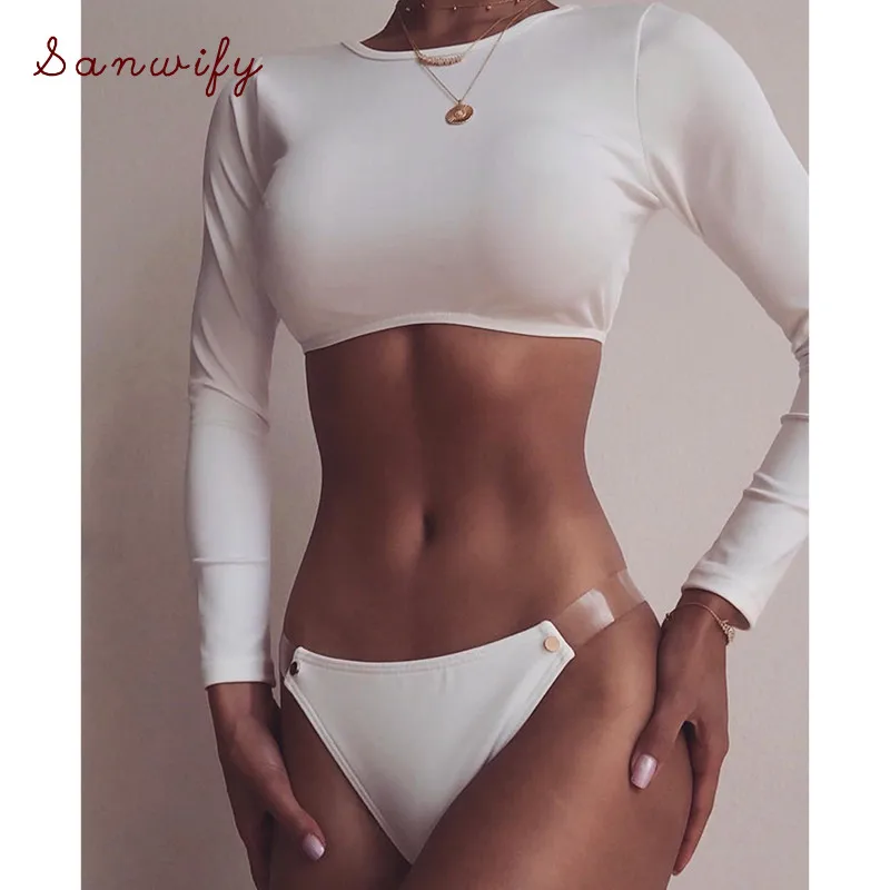 

Sexy Long Sleeve Crop Top Transparent Strap Bikini 2019 High Neck Swimsuit Push Up Swimwear Women Bathing Suit New