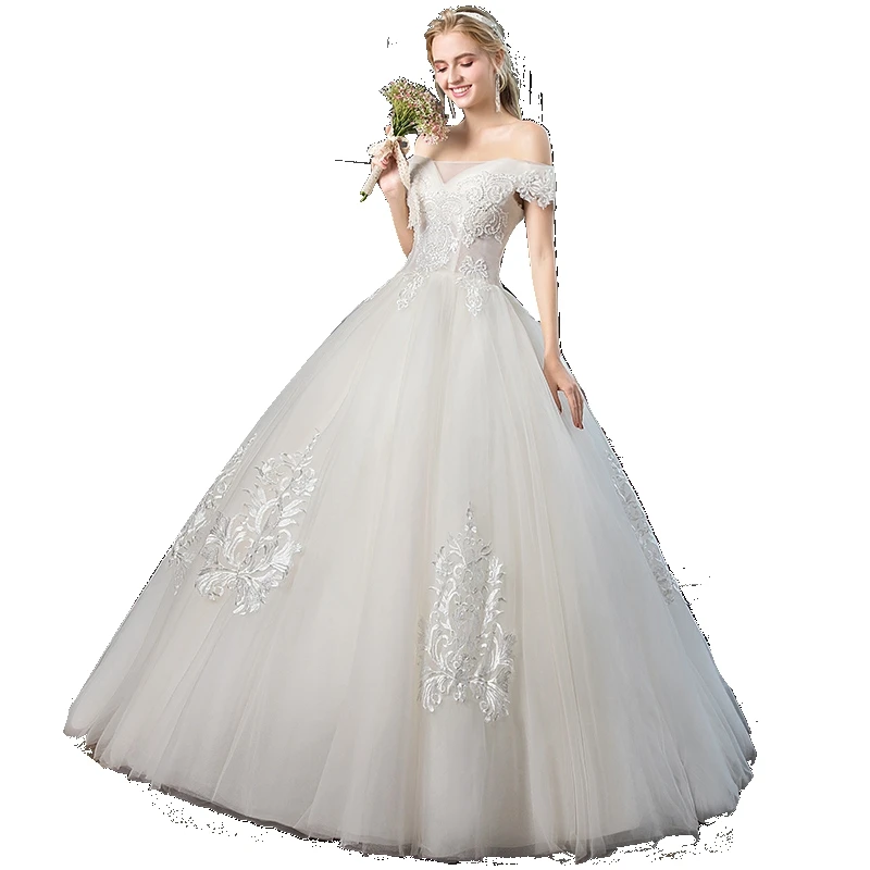 

Bride Gown Boat Neck Luxury Long Wedding Dress 2021 Floor-Length Embroidery Lace Up Long Wedding Dresses For Women Sweet Memory